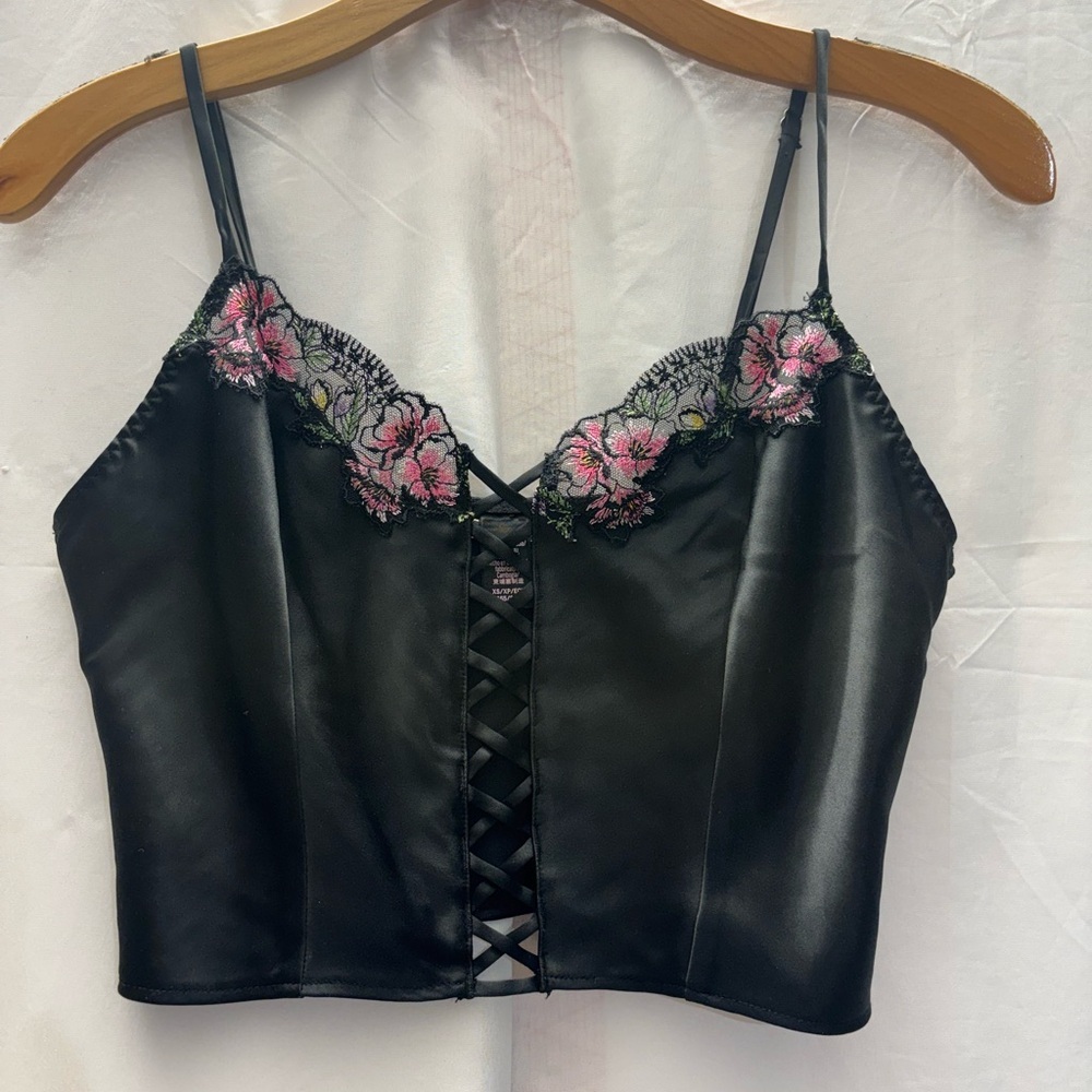 Victoria's Secret Black Floral Lace-Up Cami